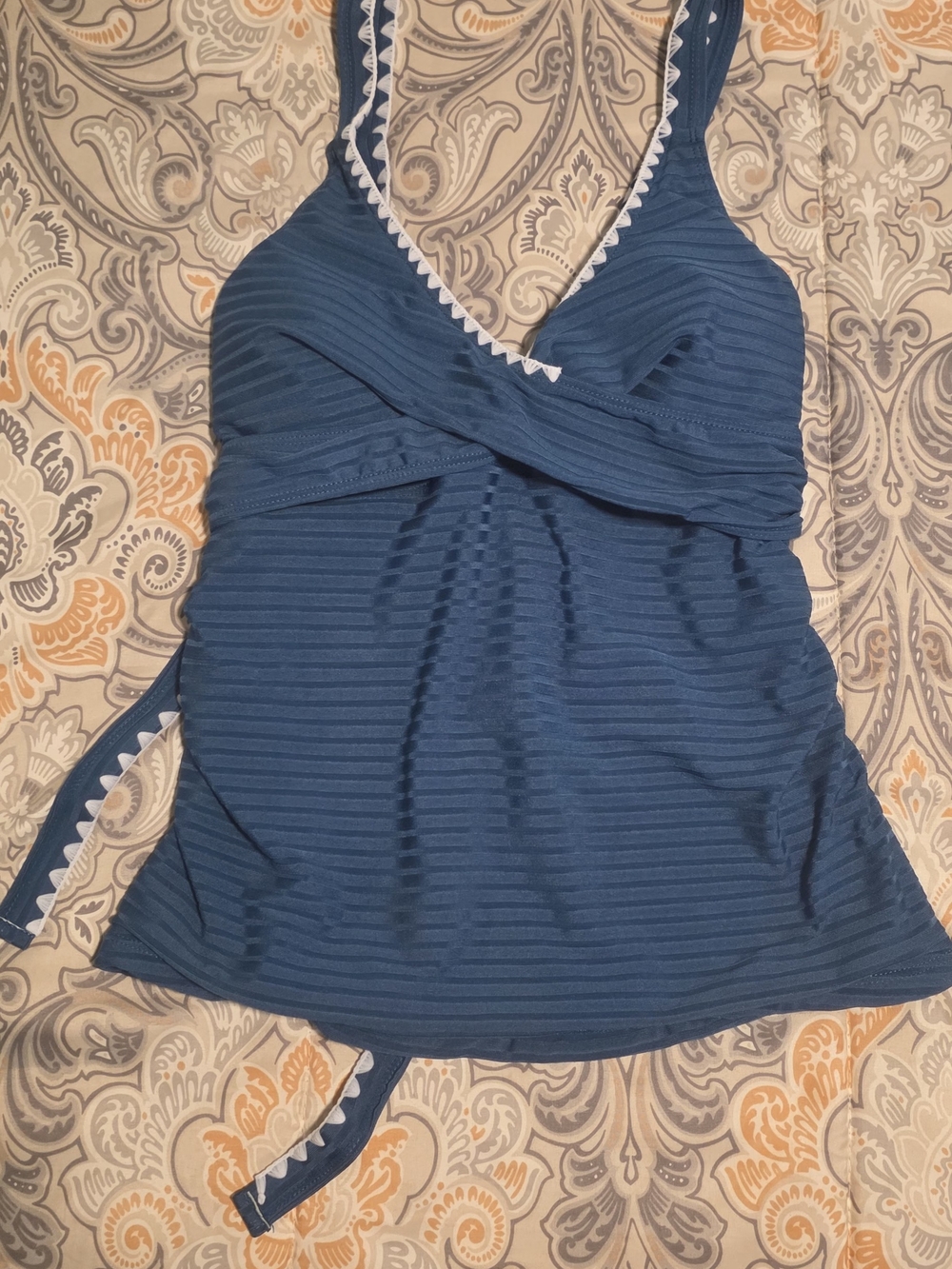 Blue Women's V-Neck Bathing Suit Top with Trim